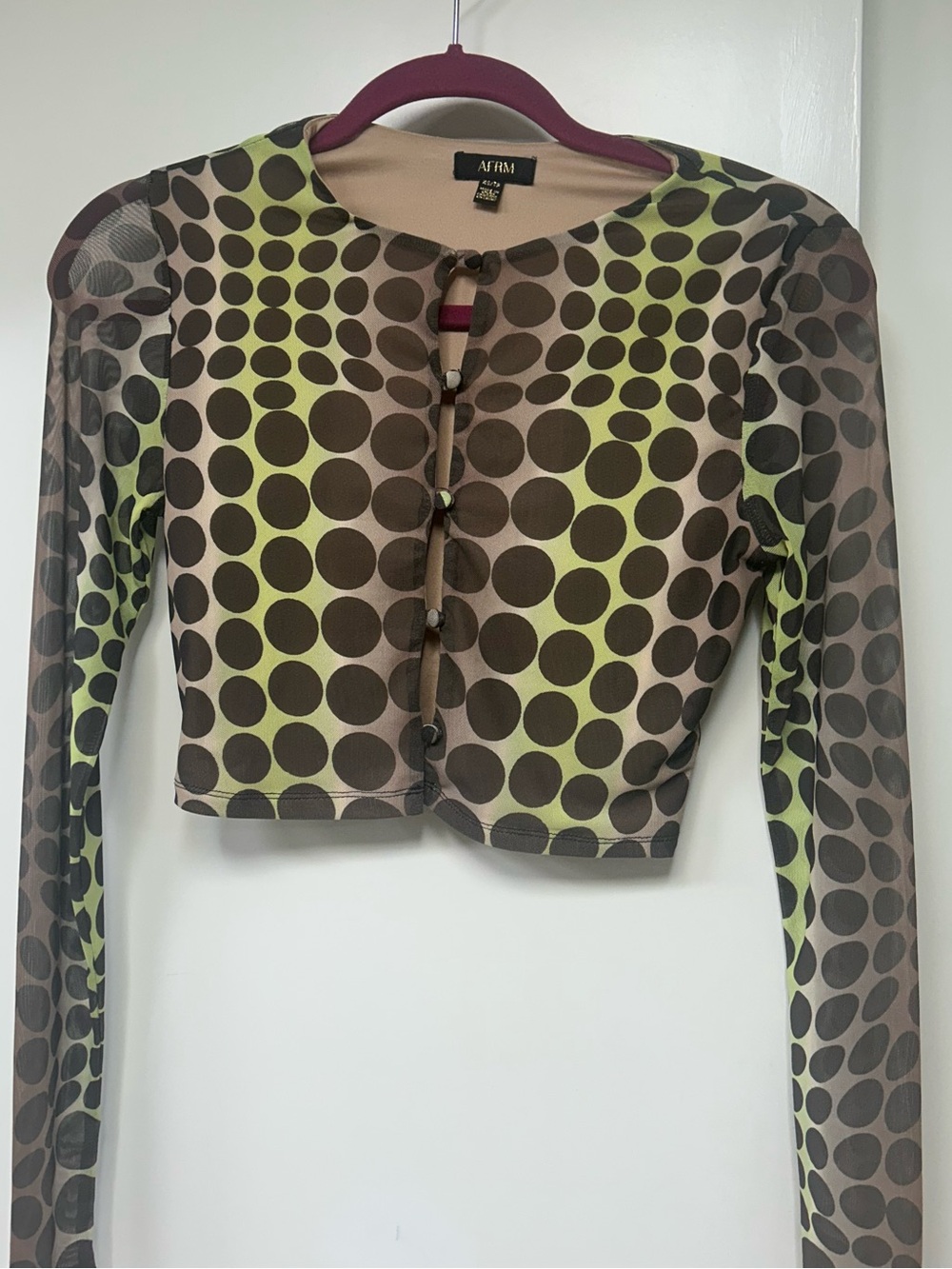 AFRM Brown and Green Abstract Polka Dot Cropped Stretch Long-Sleeve Top XS